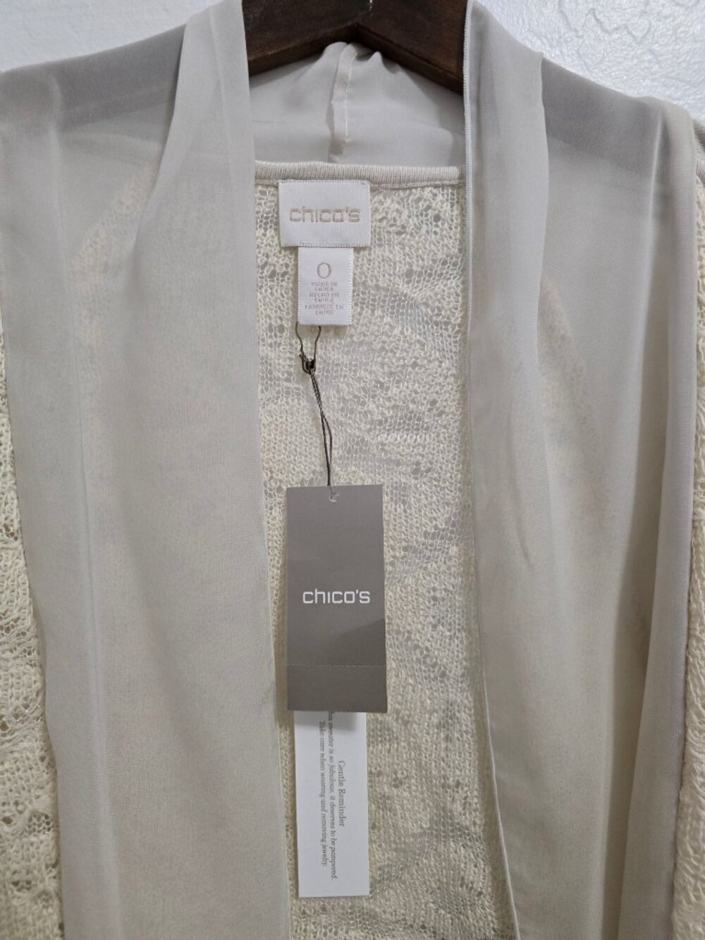 NWT Chicos Trixie Cardigan Cream 3/4 Sleeve Open Front Lace Sweater Size 0 - Picture 7 of 15